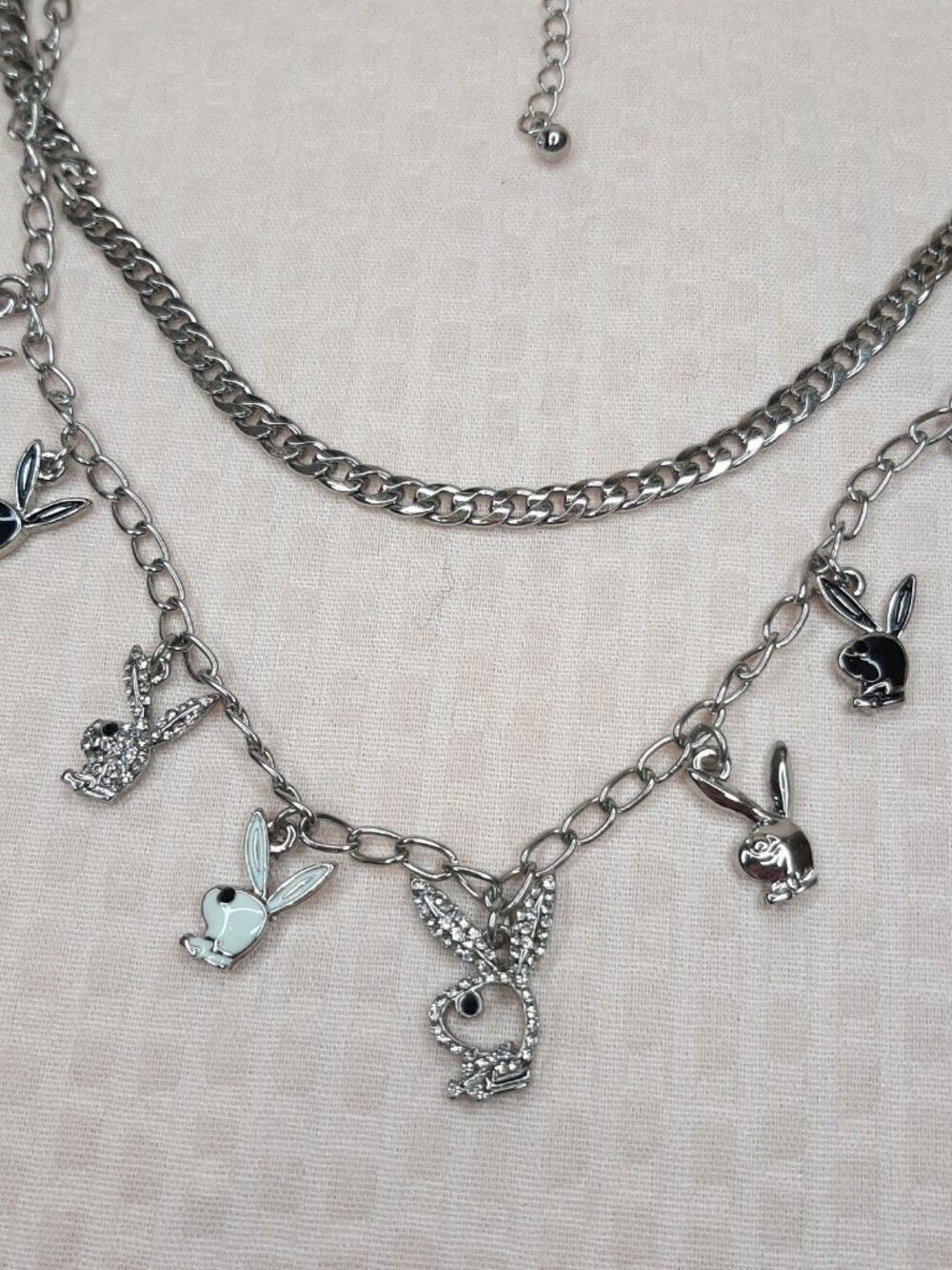 Playboy Bunny Necklace Silver Tone Y2K Layered Chainlink Enamel Rhinestones - Picture 2 of 7